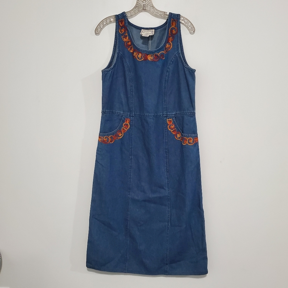 Vintage 90s April Cornell Sleeveless Denim Maxi Dress Embroidered Trim Sz XS